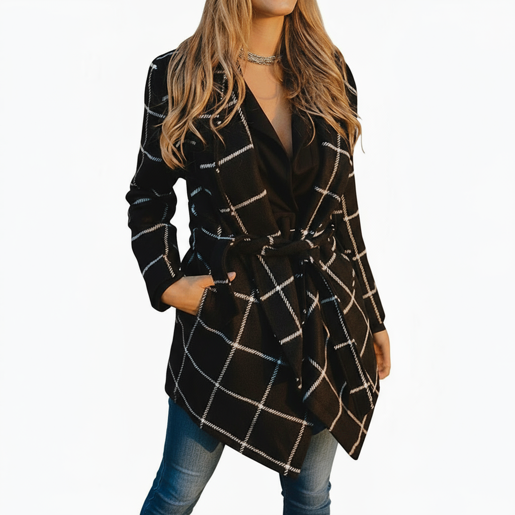 Wrap Plaid Belted Coat – Asymmetrical Checkered Winter Jacket