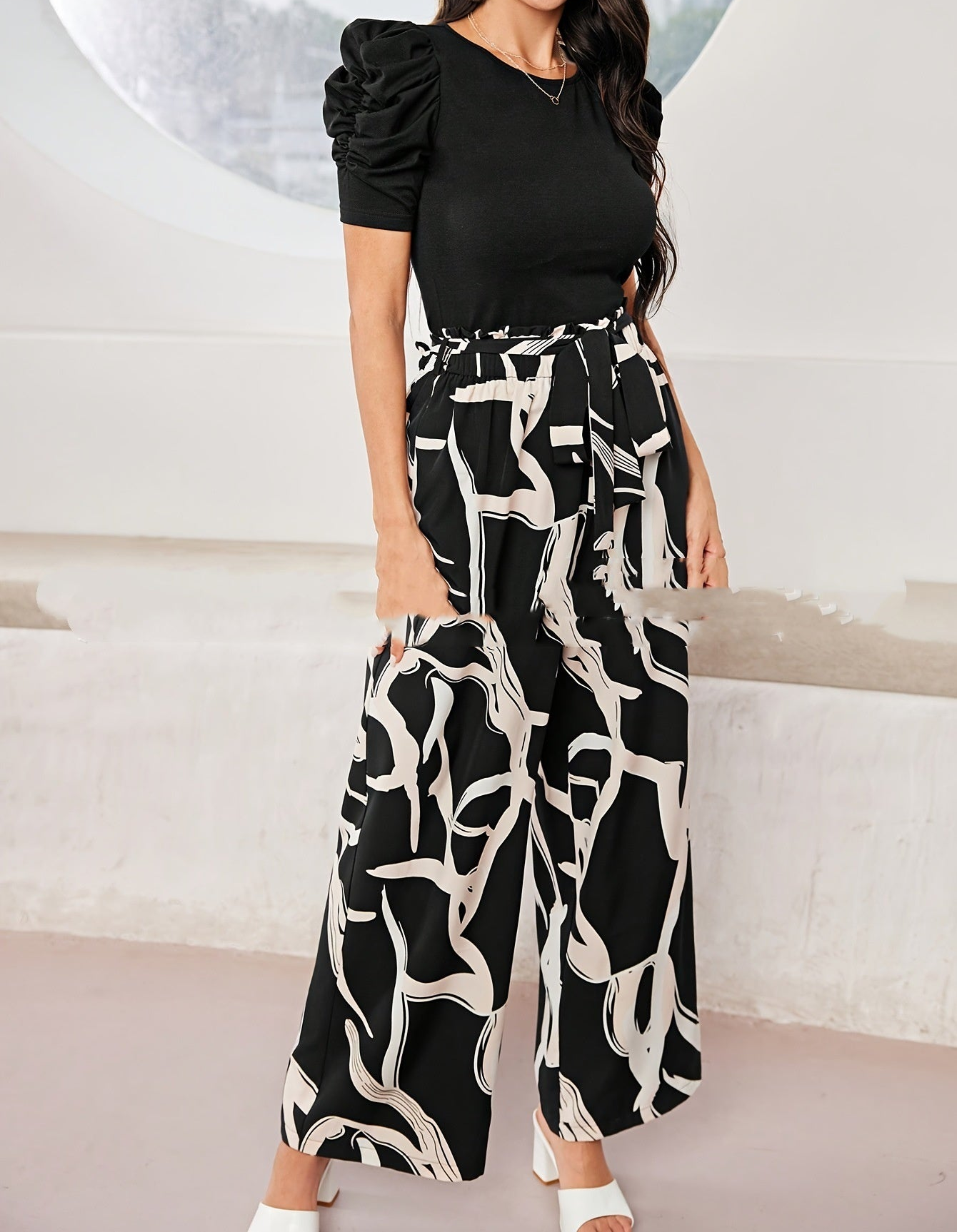 Women's Puff Sleeve Top and High-Waisted Wide Leg Pants Set – Elegant Black and White 2-Piece Outfit