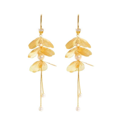 Gold Floral Drop Earrings with Pearls – Elegant Statement Dangle Earrings