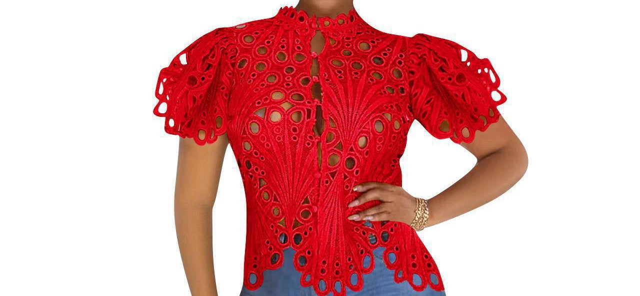 Hollow Lace Blouse for Women – Puff Sleeve Button-Up See-Through Top