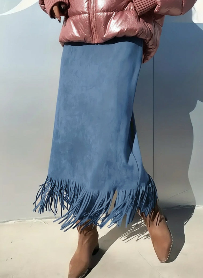 Suede Fringe Midi Skirt – Western Boho Chic Skirt for Women’s Fall Fashion