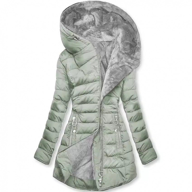 Women's Asymmetrical Zip Puffer Jacket – Hooded Winter Coat with Fleece Lining and Slim Fit