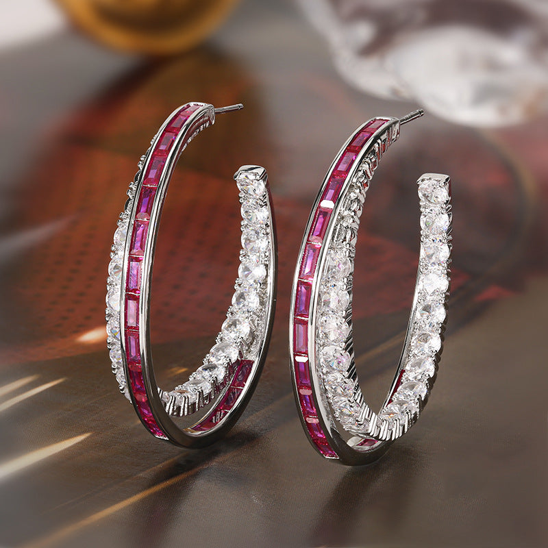 Silver Crystal and Ruby Hoop Earrings – Sparkling Gemstone Statement Hoops