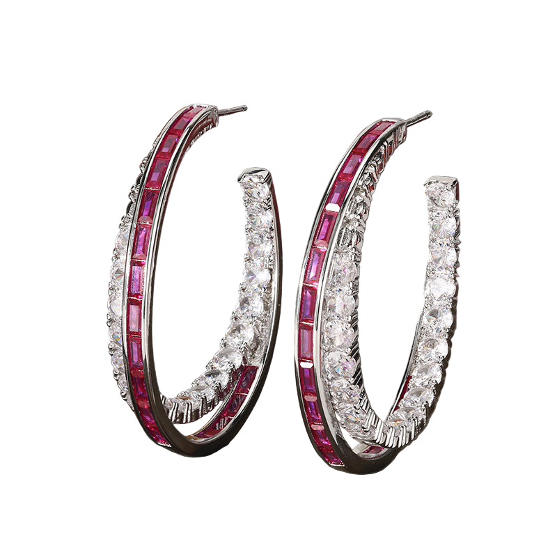 Silver Crystal and Ruby Hoop Earrings – Sparkling Gemstone Statement Hoops