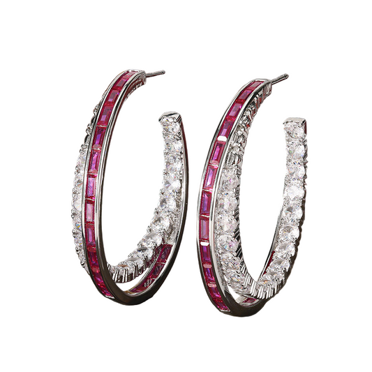 Silver Crystal and Ruby Hoop Earrings – Sparkling Gemstone Statement Hoops