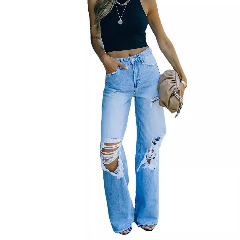 Ripped High-Waisted Wide Leg Jeans – Distressed Denim Pants in Light Blue & Black