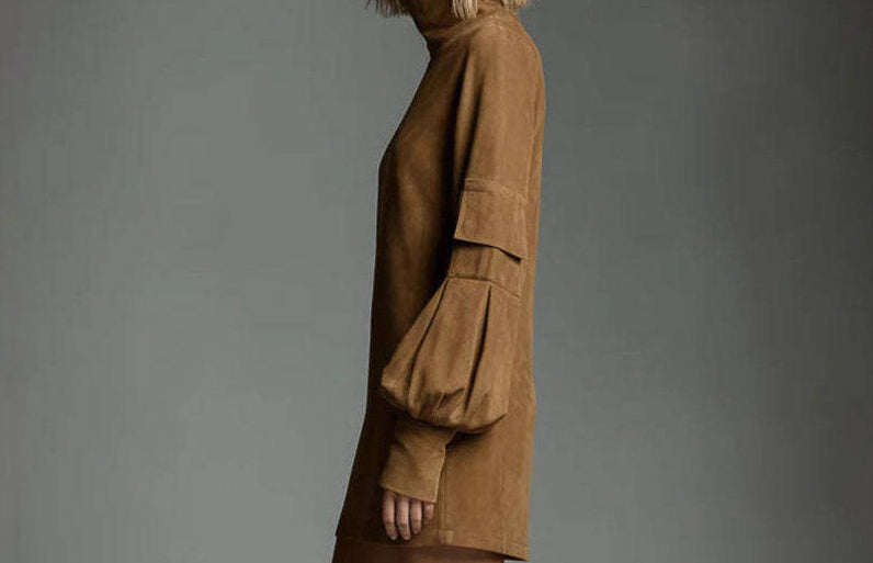 Suede Long Sleeve Mini Dress – High Neck Cargo Style Dress with Pockets for Women