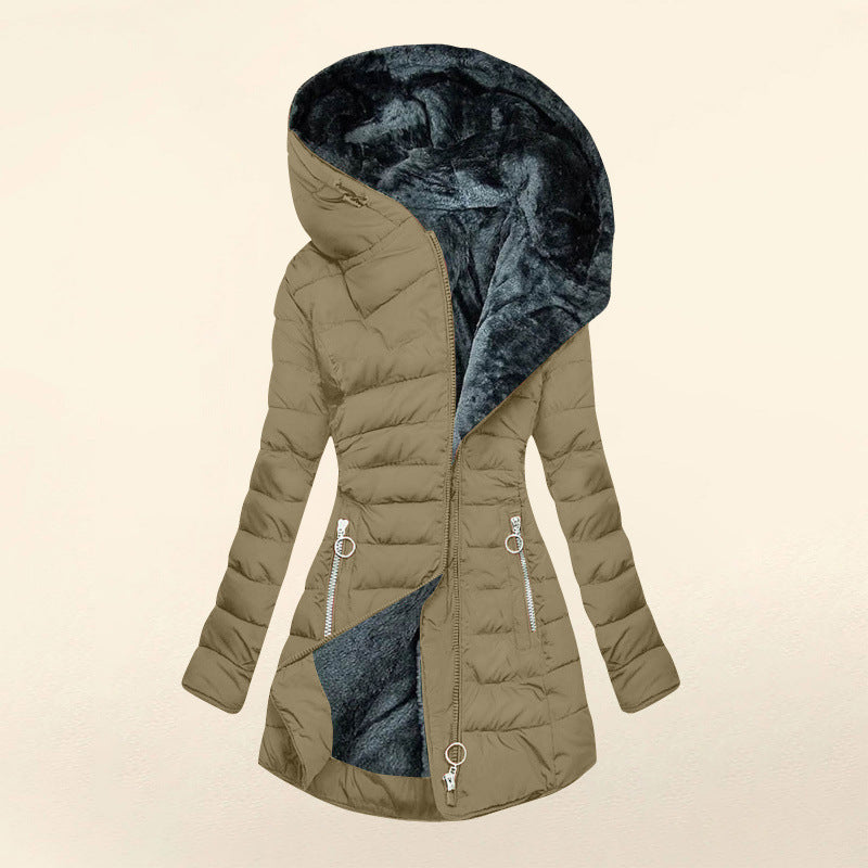 Women's Asymmetrical Zip Puffer Jacket – Hooded Winter Coat with Fleece Lining and Slim Fit