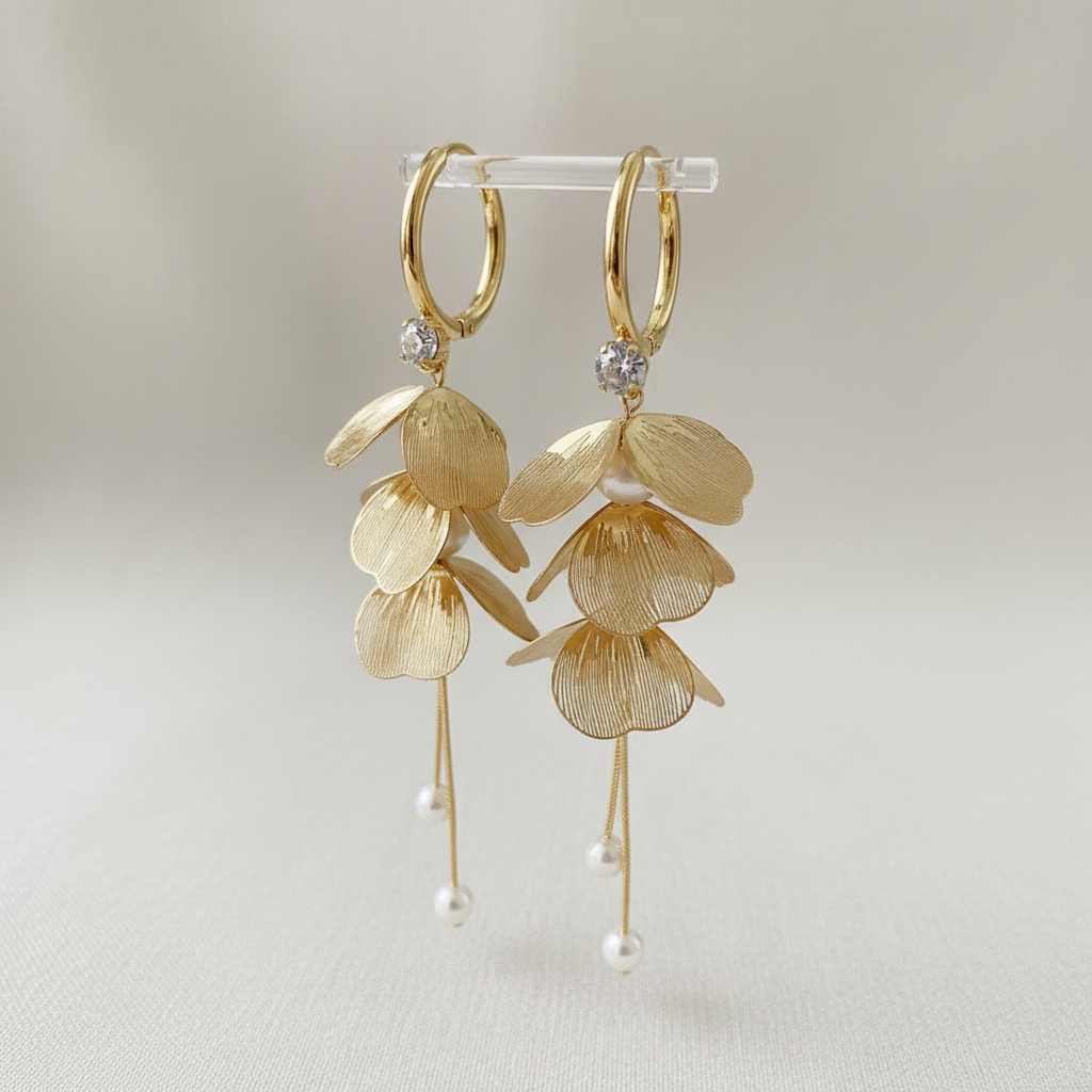 Gold Floral Drop Earrings with Pearls – Elegant Statement Dangle Earrings