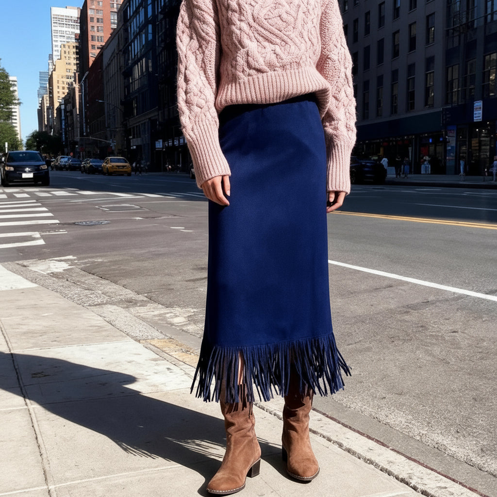 Suede Fringe Midi Skirt – Western Boho Chic Skirt for Women’s Fall Fashion