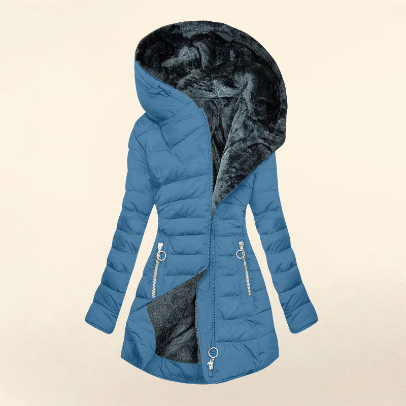 Women's Asymmetrical Zip Puffer Jacket – Hooded Winter Coat with Fleece Lining and Slim Fit