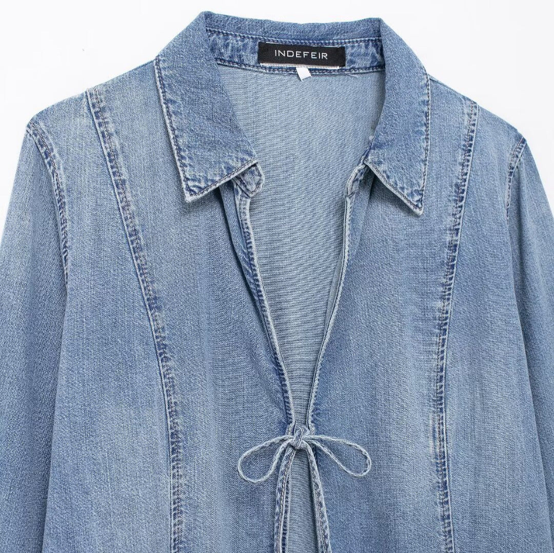 Light Blue Denim Tie Front Jacket – Long Sleeve Casual Jean Shirt for Women