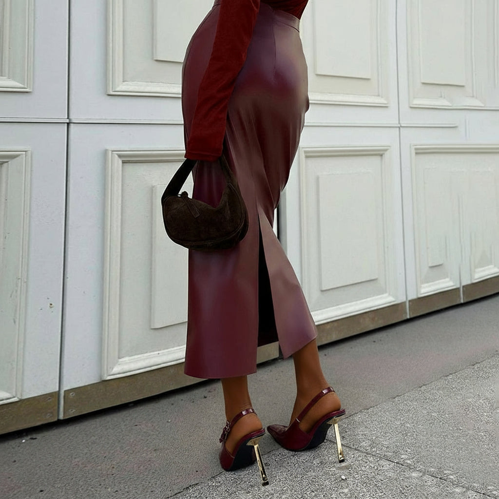 High-Waisted Leather Midi Skirt – Chic Pencil Skirt for Women’s Fall Fashion
