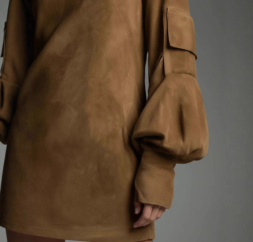 Suede Long Sleeve Mini Dress – High Neck Cargo Style Dress with Pockets for Women