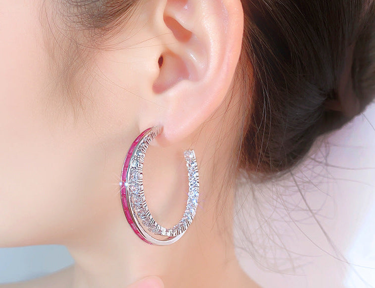 Silver Crystal and Ruby Hoop Earrings – Sparkling Gemstone Statement Hoops