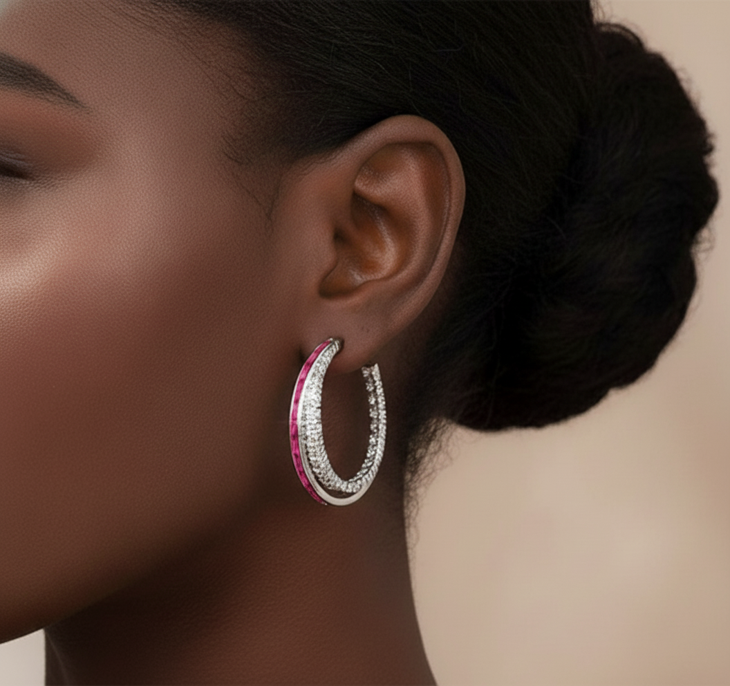 Silver Crystal and Ruby Hoop Earrings – Sparkling Gemstone Statement Hoops