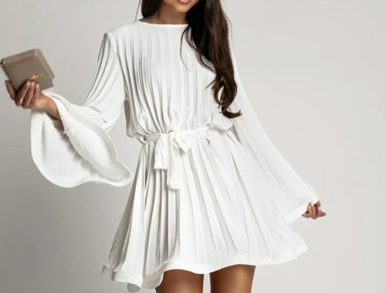 Pleated Flare Sleeve Mini Dress – Belted A-Line Party Dress for Women"