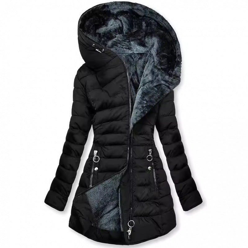 Women's Asymmetrical Zip Puffer Jacket – Hooded Winter Coat with Fleece Lining and Slim Fit