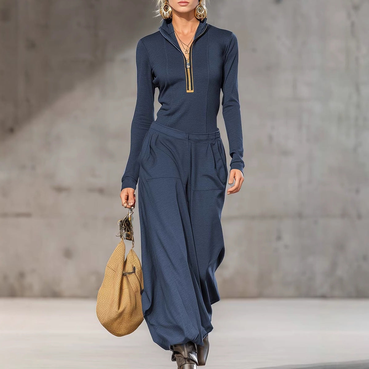 Women's Long Sleeve Wide-Leg Jumpsuit – Elegant Zip Front One-Piece Outfit for Fall & Trave