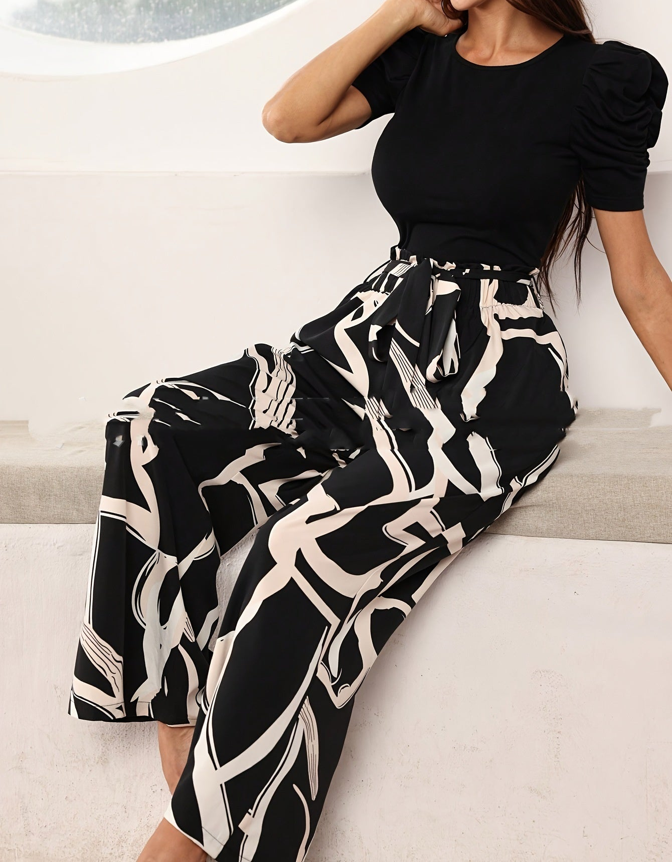 Women's Puff Sleeve Top and High-Waisted Wide Leg Pants Set – Elegant Black and White 2-Piece Outfit