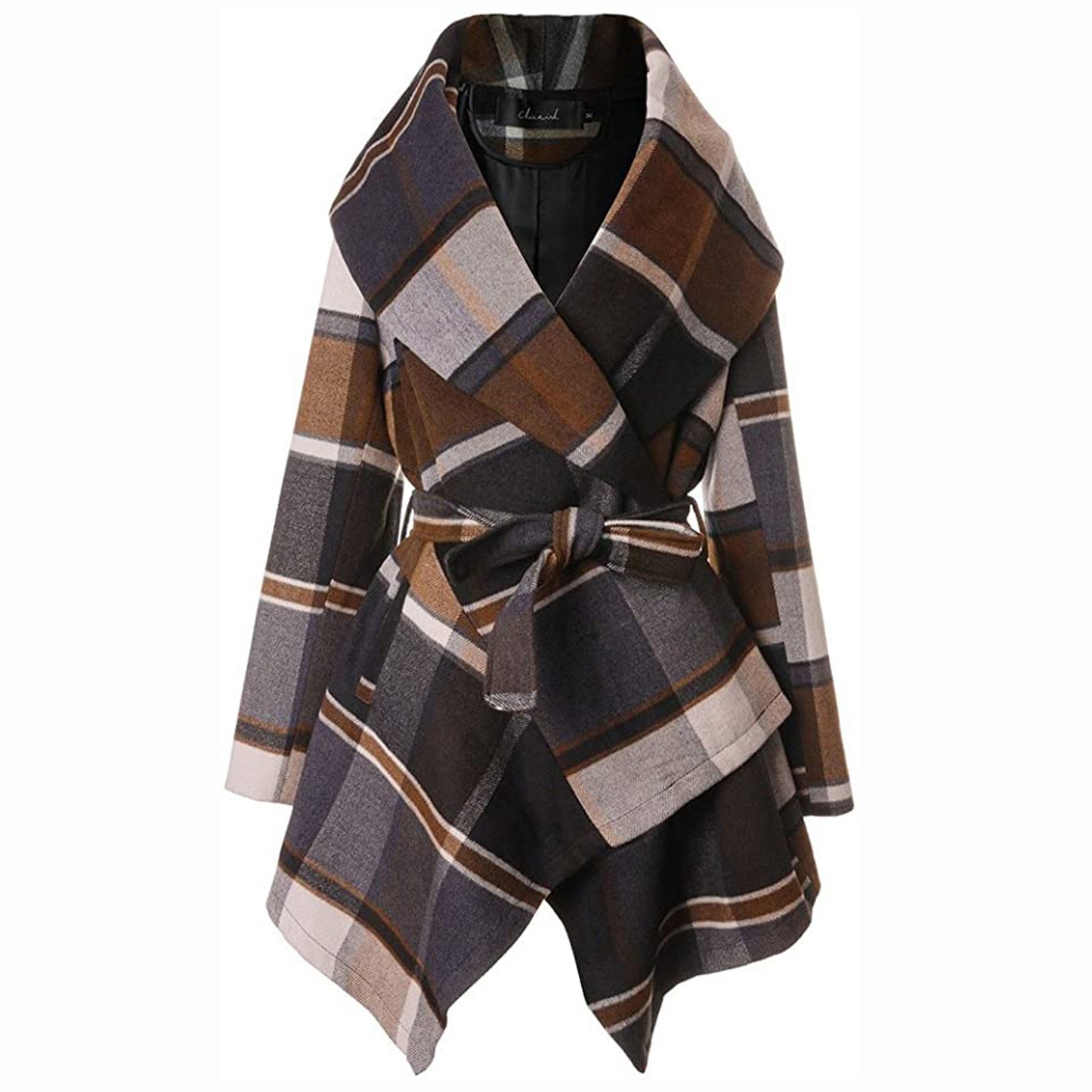 Wrap Plaid Belted Coat – Asymmetrical Checkered Winter Jacket