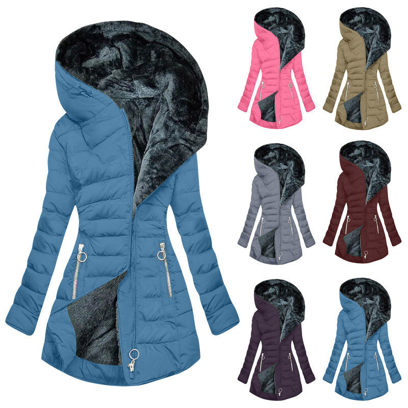 Women's Asymmetrical Zip Puffer Jacket – Hooded Winter Coat with Fleece Lining and Slim Fit