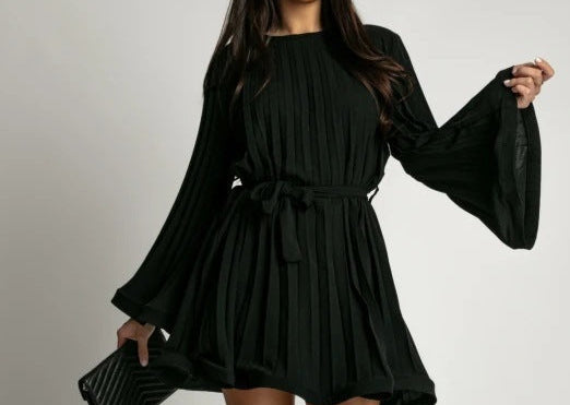 Pleated Flare Sleeve Mini Dress – Belted A-Line Party Dress for Women"