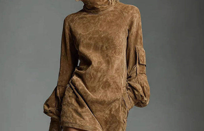 Suede Long Sleeve Mini Dress – High Neck Cargo Style Dress with Pockets for Women