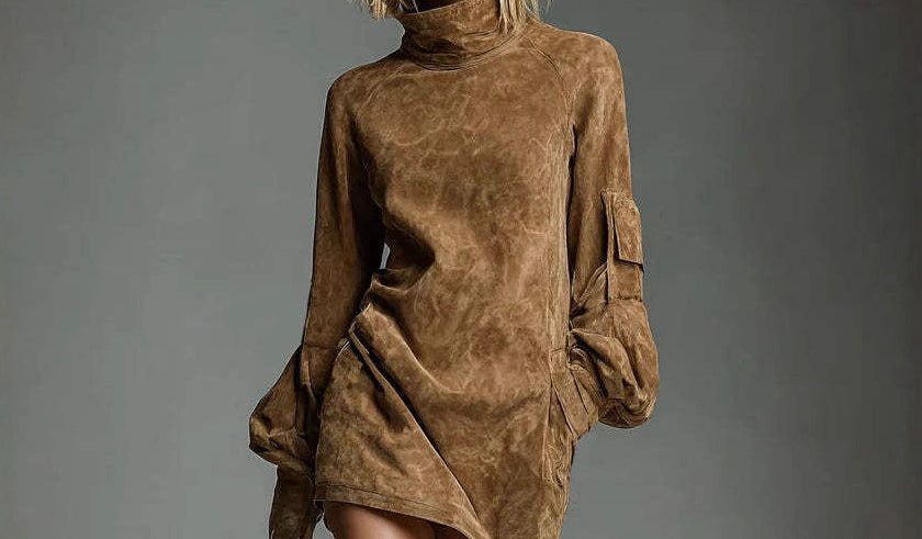 Suede Long Sleeve Mini Dress – High Neck Cargo Style Dress with Pockets for Women