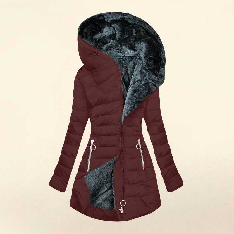 Women's Asymmetrical Zip Puffer Jacket – Hooded Winter Coat with Fleece Lining and Slim Fit