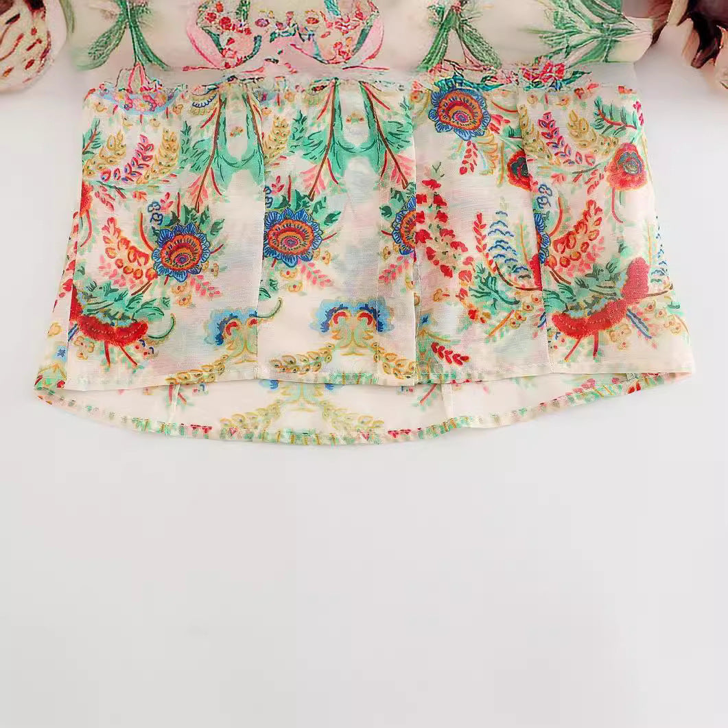 Lapel Print Chiffon Puff Sleeve Shirt