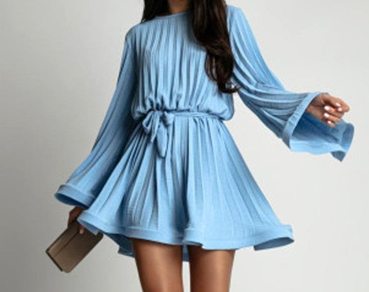 Pleated Flare Sleeve Mini Dress – Belted A-Line Party Dress for Women"