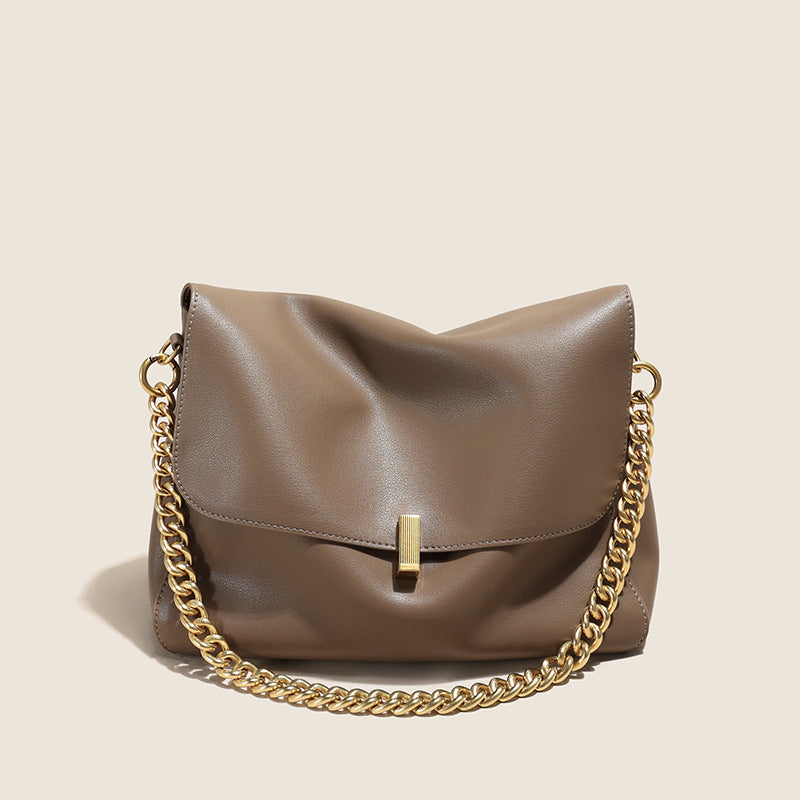 Leather Shoulder Bag – Soft Clutch Purse with Gold Chain for Women