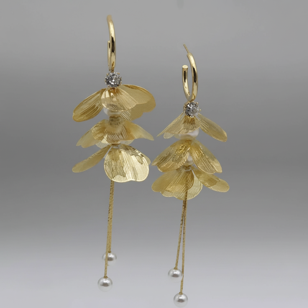Gold Floral Drop Earrings with Pearls – Elegant Statement Dangle Earrings