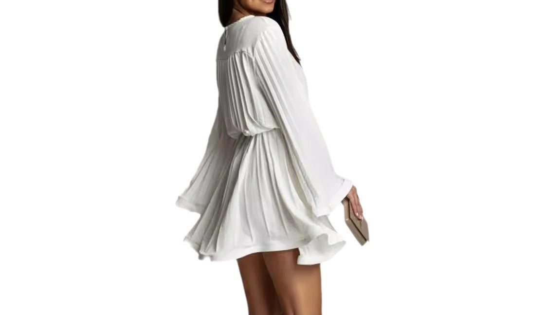 Pleated Flare Sleeve Mini Dress – Belted A-Line Party Dress for Women"