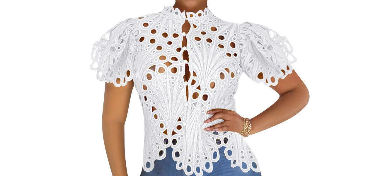 Hollow Lace Blouse for Women – Puff Sleeve Button-Up See-Through Top