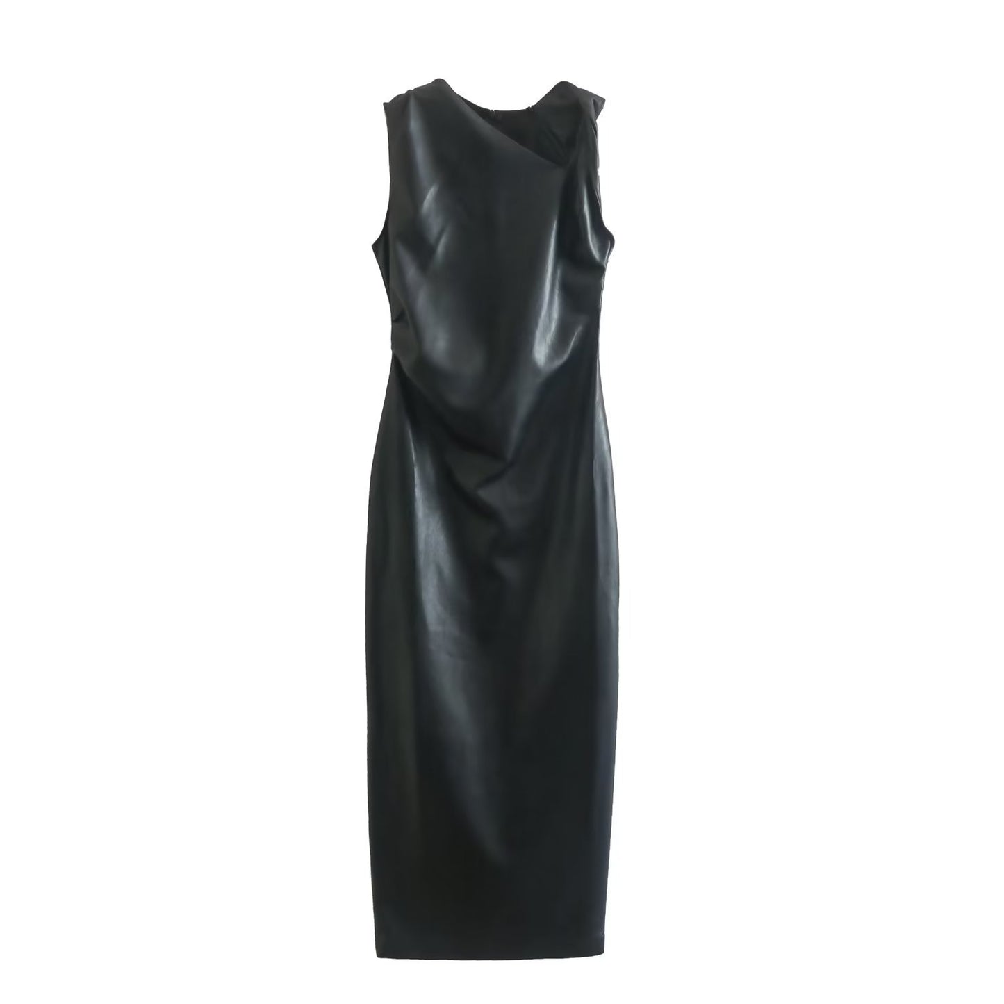 Sleeveless Black Leather Midi Dress – Elegant Bodycon Evening Dress for Women
