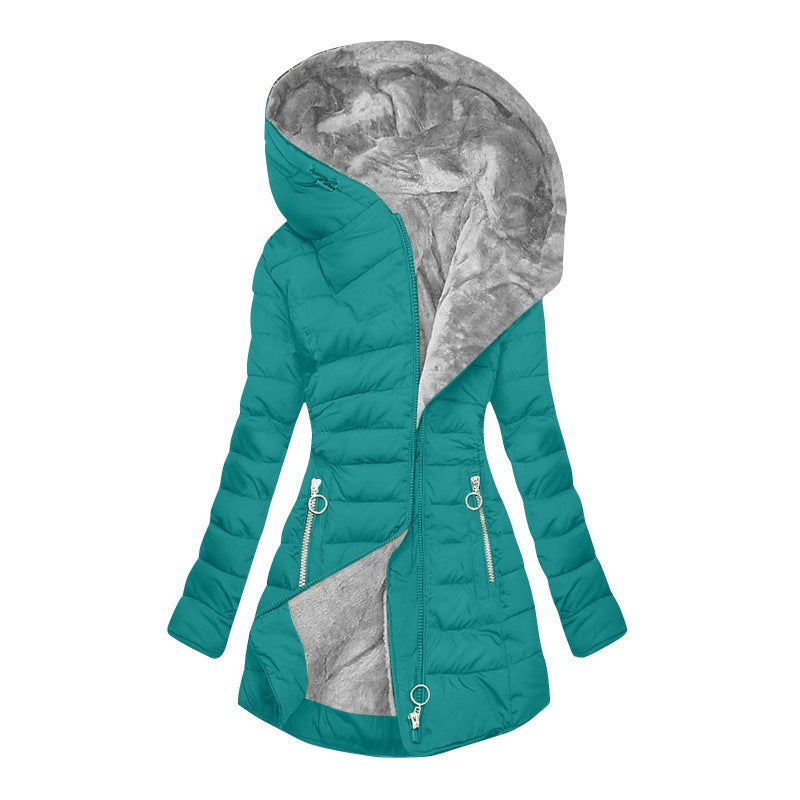 Women's Asymmetrical Zip Puffer Jacket – Hooded Winter Coat with Fleece Lining and Slim Fit