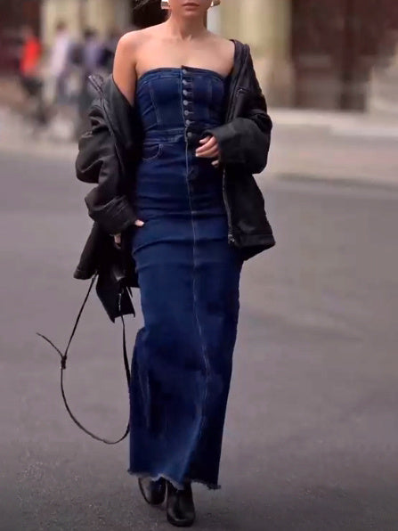 Tube Top Button-Up Denim Maxi Dress – BodyCon Tube Jean Dress for Women