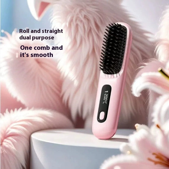 Portable 2 In 1 Straight Hair Comb Wireless Hair Straightener Brush Hair Fast Heating Portable Hot Curler USB Charging