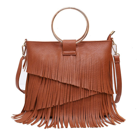 Fringe Crossbody Bag – Leather Purse with Gold Ring Handles for Women