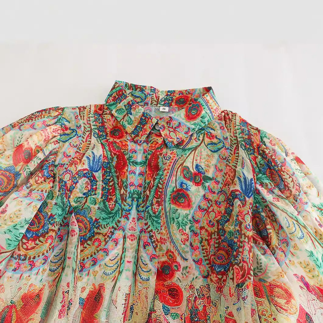 Lapel Print Chiffon Puff Sleeve Shirt