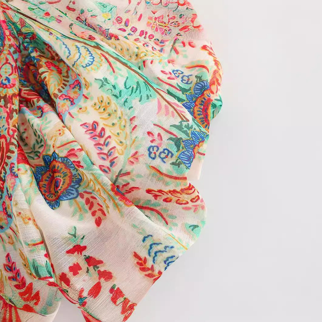 Lapel Print Chiffon Puff Sleeve Shirt