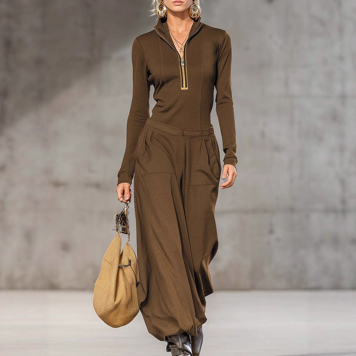 Women's Long Sleeve Wide-Leg Jumpsuit – Elegant Zip Front One-Piece Outfit for Fall & Trave