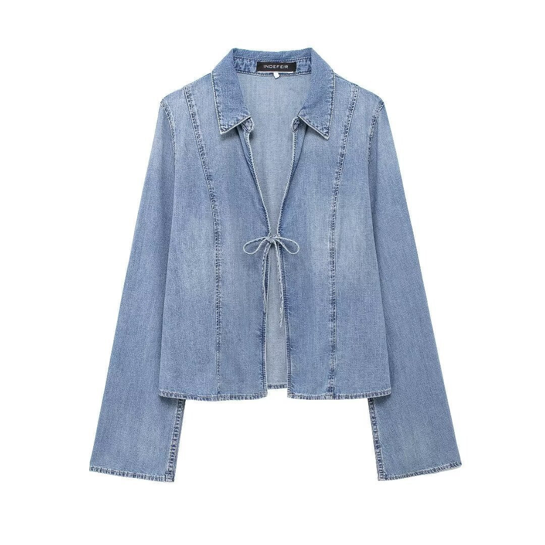 Light Blue Denim Tie Front Jacket – Long Sleeve Casual Jean Shirt for Women