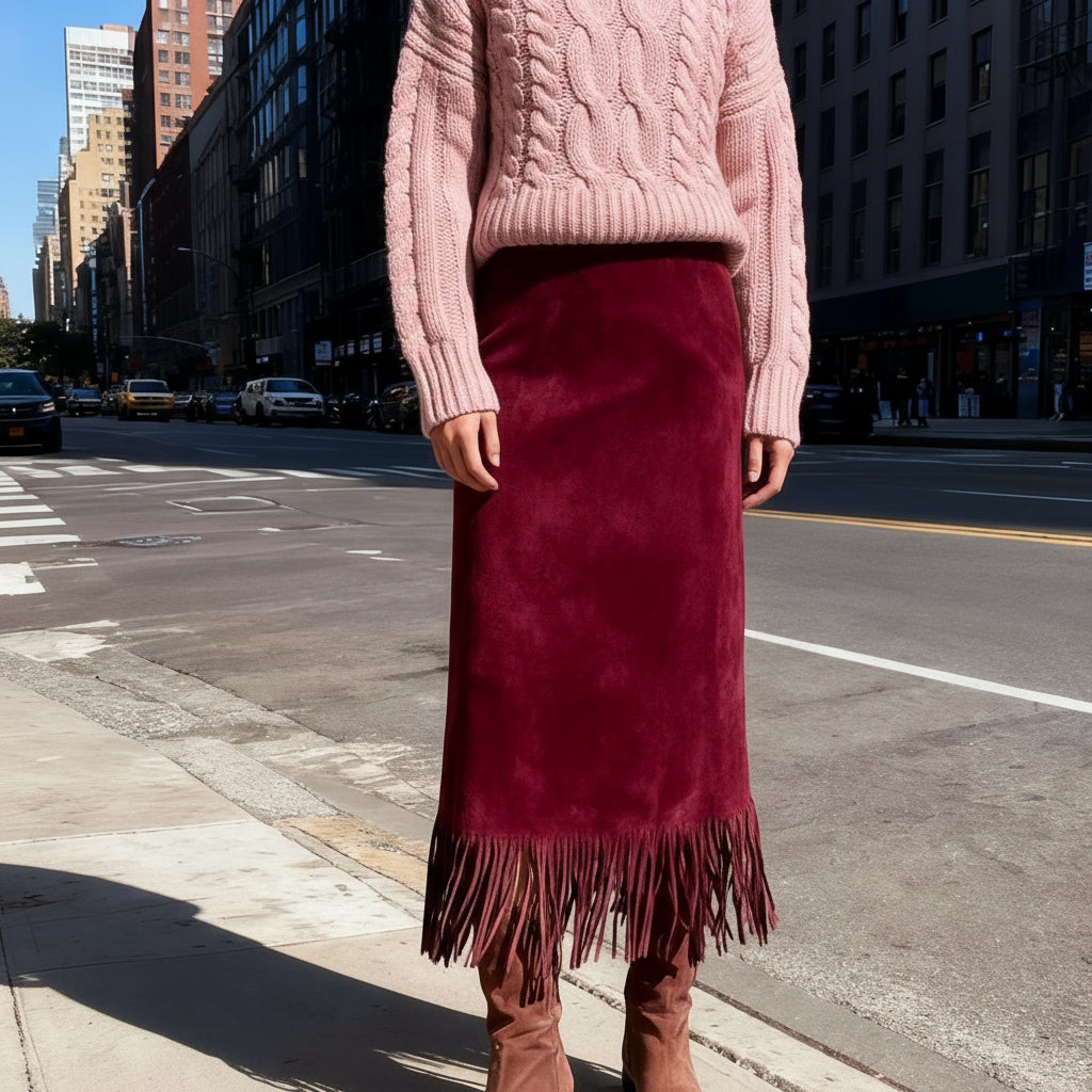 Suede Fringe Midi Skirt – Western Boho Chic Skirt for Women’s Fall Fashion