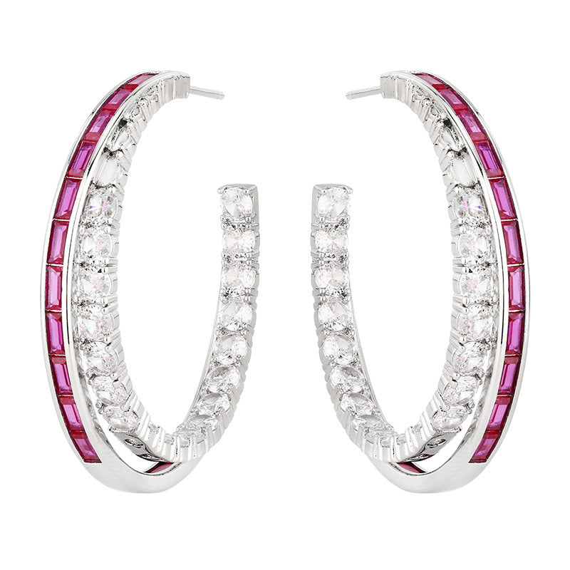 Silver Crystal and Ruby Hoop Earrings – Sparkling Gemstone Statement Hoops