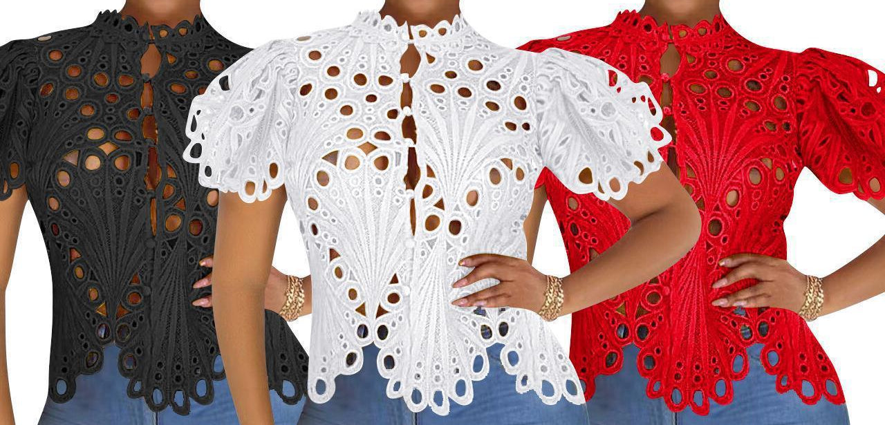 Hollow Lace Blouse for Women – Puff Sleeve Button-Up See-Through Top