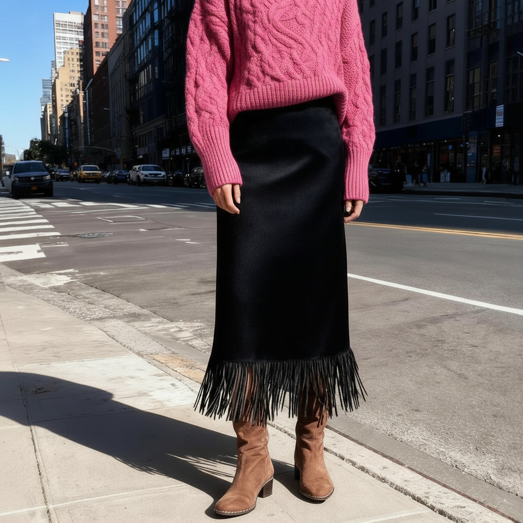 Suede Fringe Midi Skirt – Western Boho Chic Skirt for Women’s Fall Fashion