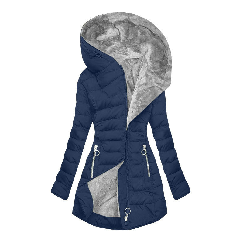 Women's Asymmetrical Zip Puffer Jacket – Hooded Winter Coat with Fleece Lining and Slim Fit